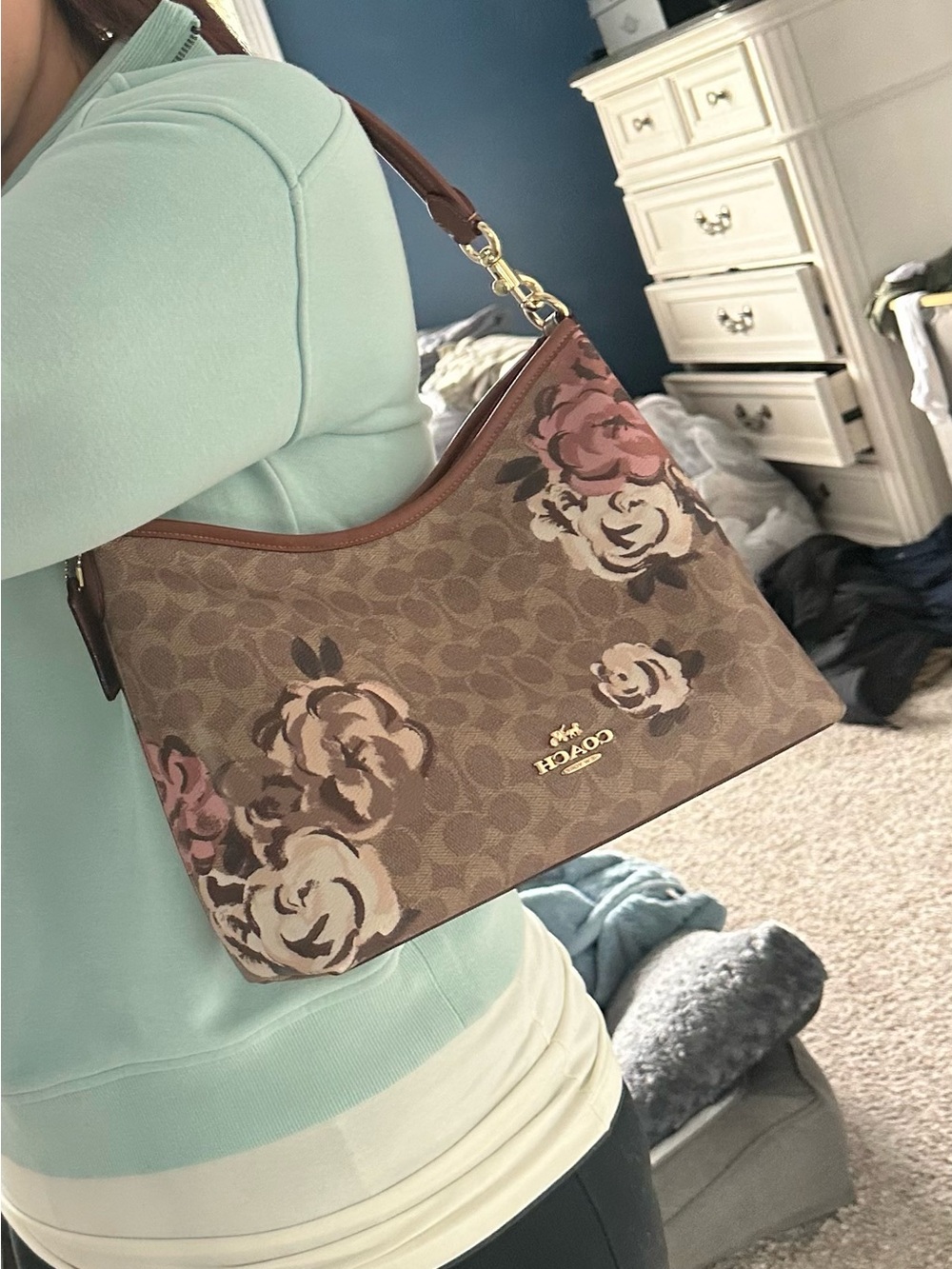 Coach Brown Signature Floral Laurel style Shoulder Bag with Pink Accents - Picture 9 of 9
